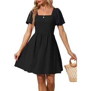 Ofeefan Women Black Puff Sleeve Square Neck Tie in Back Dresses with Zipper
